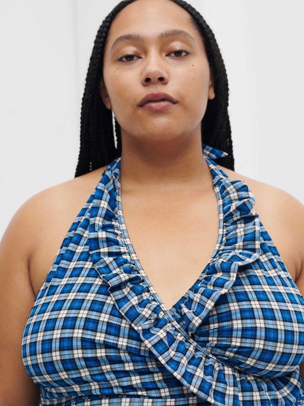 GANNI Recycled Seersucker Frill Halterneck Swimsuit Plaid Azure Blue Sz 40 New
